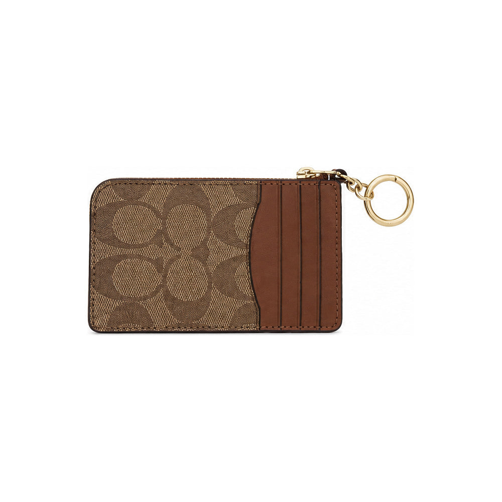Coach Zip Card Case in Tan Signature Canvas With Saddle-Brown Trim