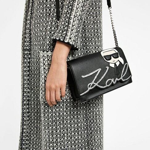 Karl Lagerfeld Ikonik shiny logo shoulder bag, Black