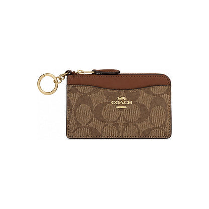 Coach Zip Card Case in Tan Signature Canvas With Saddle-Brown Trim