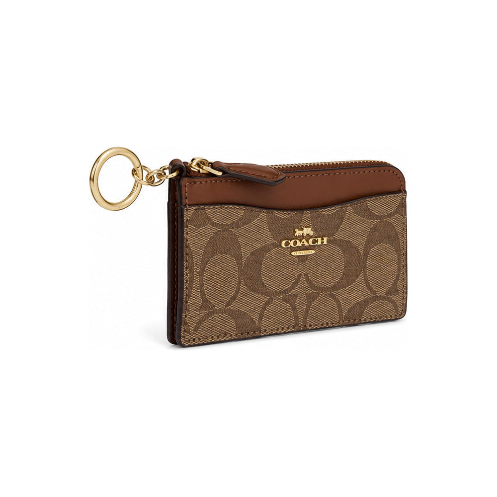 Coach Zip Card Case in Tan Signature Canvas With Saddle-Brown Trim