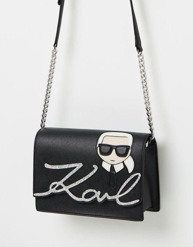 Karl Lagerfeld Ikonik shiny logo shoulder bag, Black