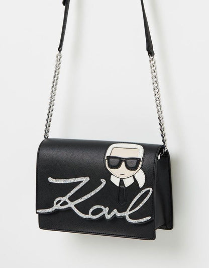 Karl Lagerfeld Ikonik shiny logo shoulder bag, Black