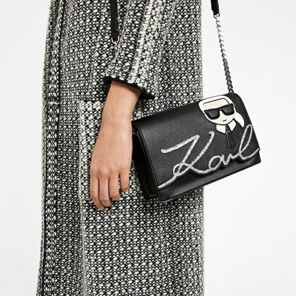 Karl Lagerfeld Ikonik shiny logo shoulder bag, Black
