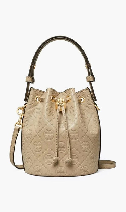 T MONOGRAM LEATHER BUCKET BAG