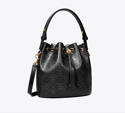 T MONOGRAM LEATHER BUCKET BAG
