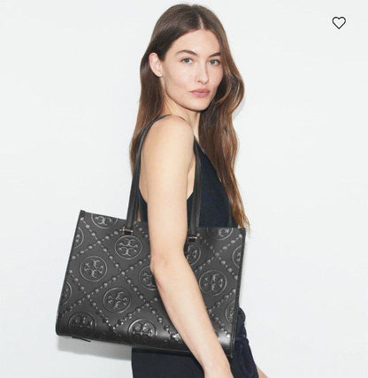 T Monogram Contrast Embossed Leather Tote