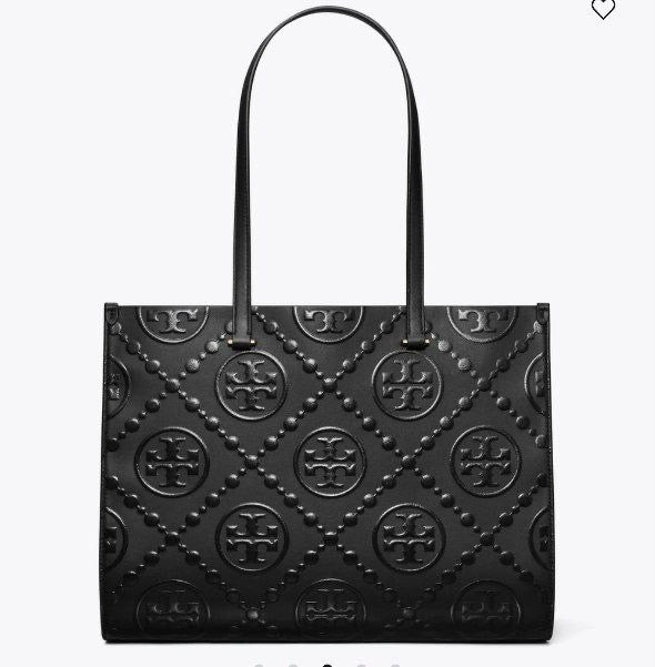 T Monogram Contrast Embossed Leather Tote