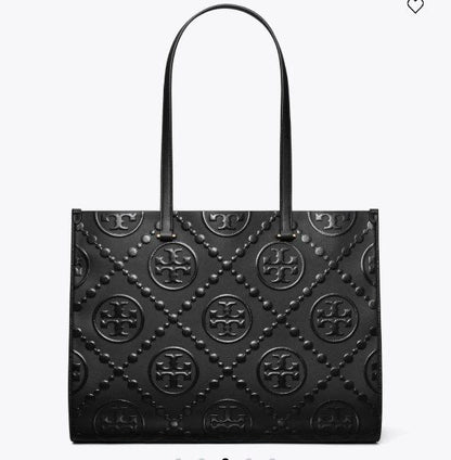 T Monogram Contrast Embossed Leather Tote