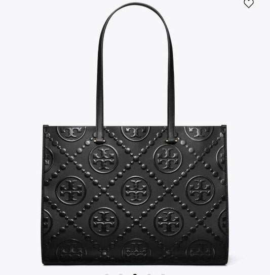T Monogram Contrast Embossed Leather Tote