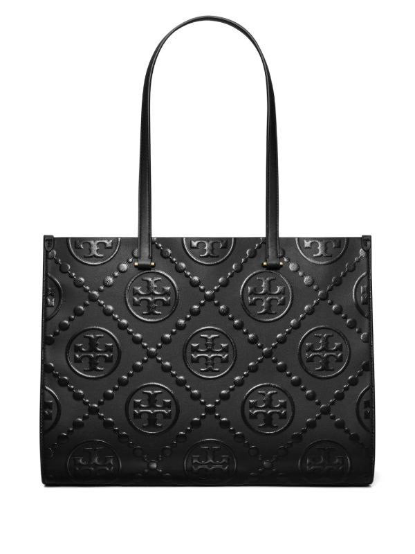 T Monogram Contrast Embossed Leather Tote