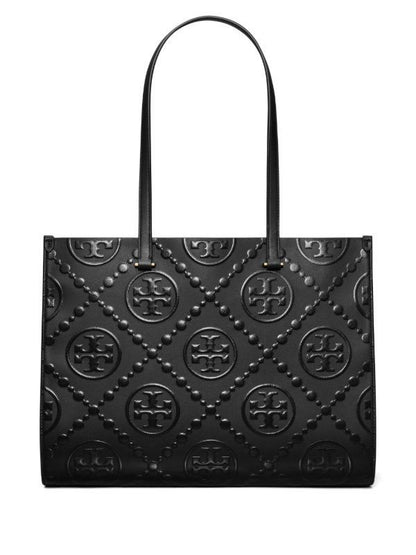 T Monogram Contrast Embossed Leather Tote